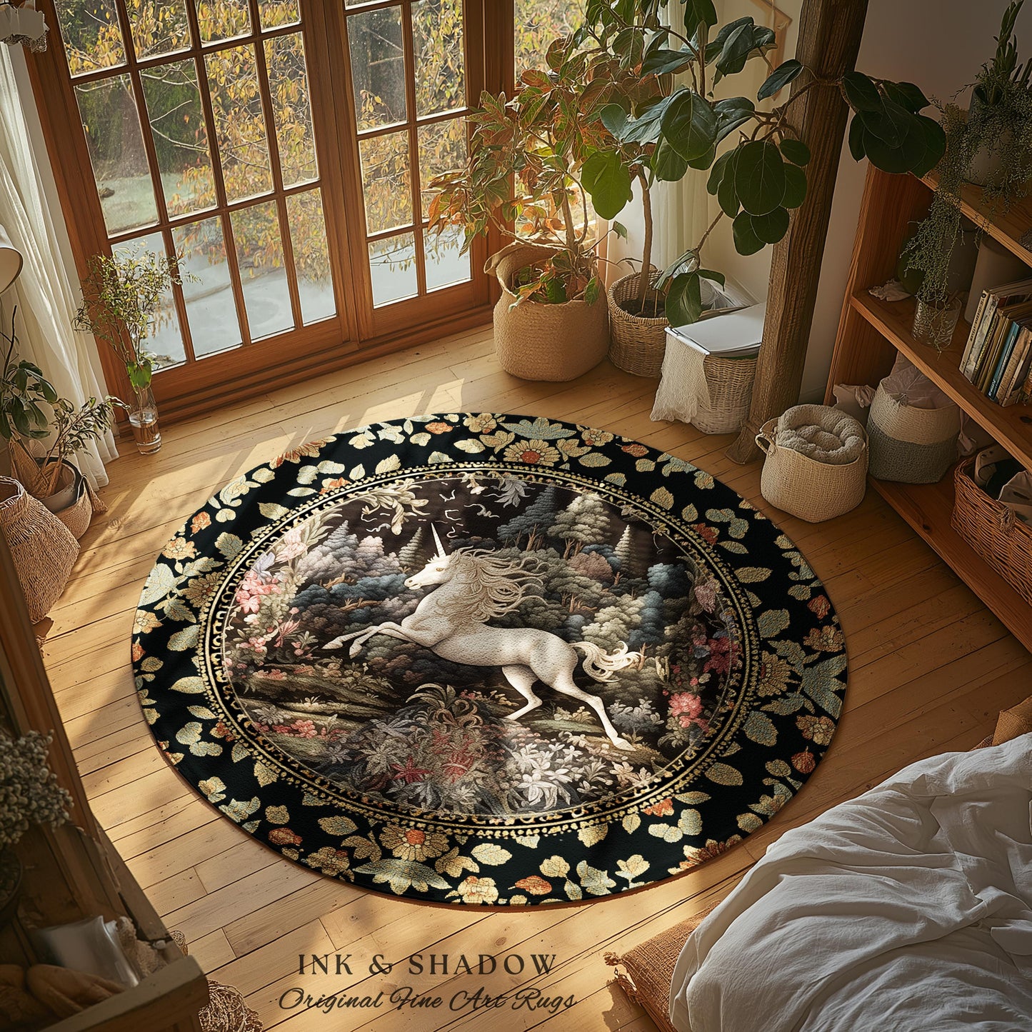 Pastel Botanical Unicorn Round Area Rug | Whimsical Folklore Nursery Decor Morris Style Cottagecore Fairycore Mystical Decor Princesscore |