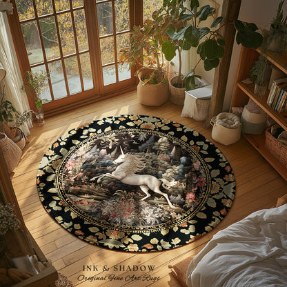 Pastel Botanical Unicorn Round Area Rug | Whimsical Folklore Nursery Decor Morris Style Cottagecore Fairycore Mystical Decor Princesscore |
