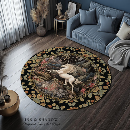 Pastel Botanical Unicorn Round Area Rug | Whimsical Folklore Nursery Decor Morris Style Cottagecore Fairycore Mystical Decor Princesscore |