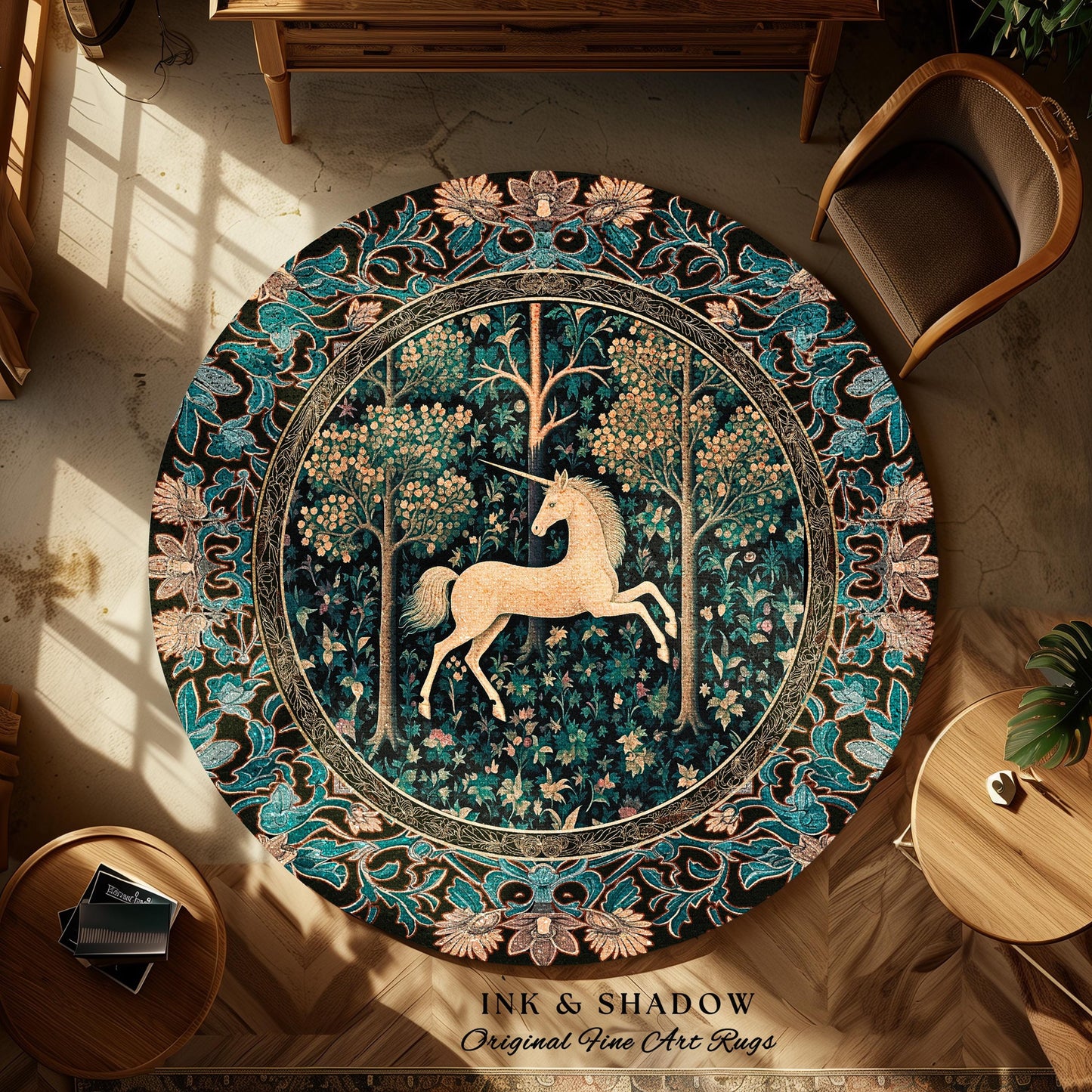 Moonlit Forest Mystical Unicorn Round Rug Medieval Fairycore Decor | Renaissance Whimsical Gothic Aesthetic Baroque Forestcore Home Accent