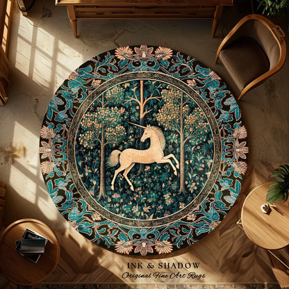 Moonlit Forest Mystical Unicorn Round Rug Medieval Fairycore Decor | Renaissance Whimsical Gothic Aesthetic Baroque Forestcore Home Accent