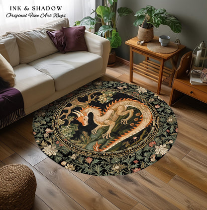 Enchanted Woods Round Dragon Rug | Medieval Aesthetic Fairytale Nursery Decor Morris Style Cottagecore Fairycore Bedroom Mystical Woodland