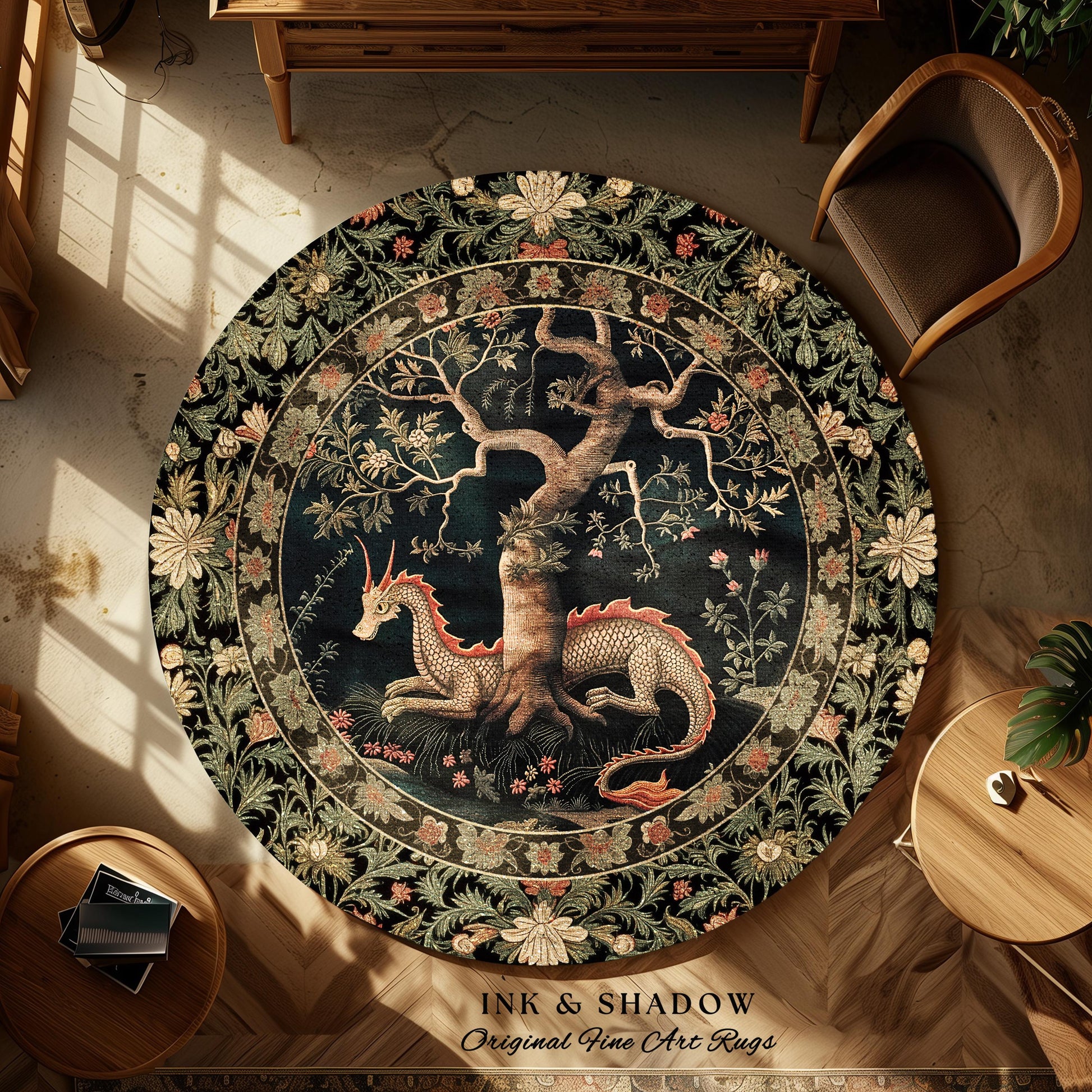 Woodland Mysticism Round Floor Rug | Ethereal Gothic Book Nook Decor Fairy Bedroom Magic Aesthetic Maximalist Cottagecore Dragon Lover Gift