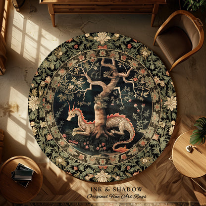 Woodland Mysticism Round Floor Rug | Ethereal Gothic Book Nook Decor Fairy Bedroom Magic Aesthetic Maximalist Cottagecore Dragon Lover Gift