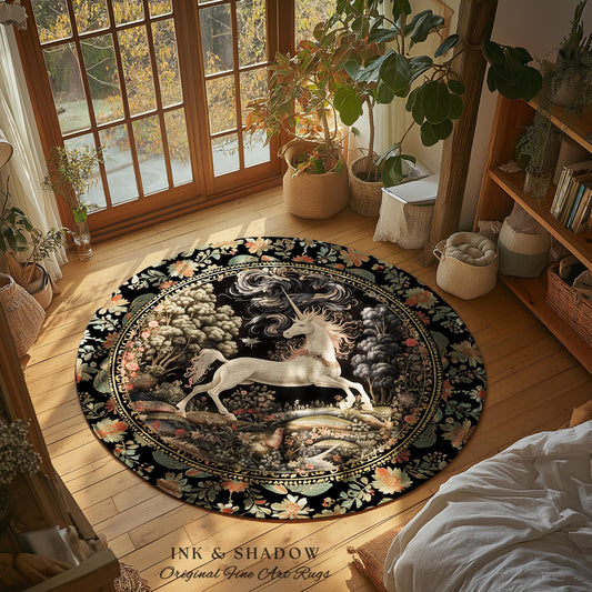 Enchanted Unicorn Round Accent Rug | Fairytale Aesthetic Nursery Decor Morris Cottagecore Fairycore Nursery Area Rug Mystical Storybook Art