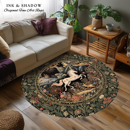 Fairytale Unicorn Floor Rug Round | Whimsical Fairy Folklore Aesthetic Room Decor Morris Inspired Cottagecore Fairycore Mystical Bedroom Rug