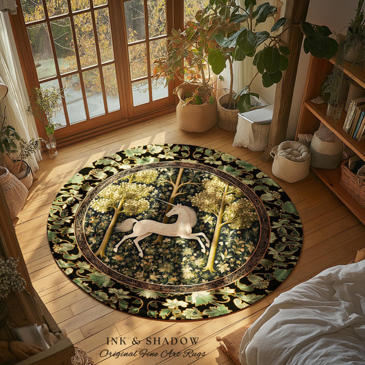 Magic Aesthetic Unicorn Round Area Rug Cottagecore Style, Dark Academia Folklore Decor Maximalist Fantasy Art Enchanted Fairytale Accent