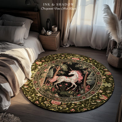 Enchanted Forest Unicorn Round Rug Mystical Woodland Runner | Romantic Baroque Art Fairycore Vintage Aesthetic Mythical Creatures Forestcore
