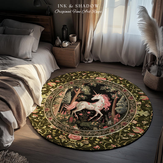 Enchanted Forest Unicorn Round Rug Mystical Woodland Runner | Romantic Baroque Art Fairycore Vintage Aesthetic Mythical Creatures Forestcore