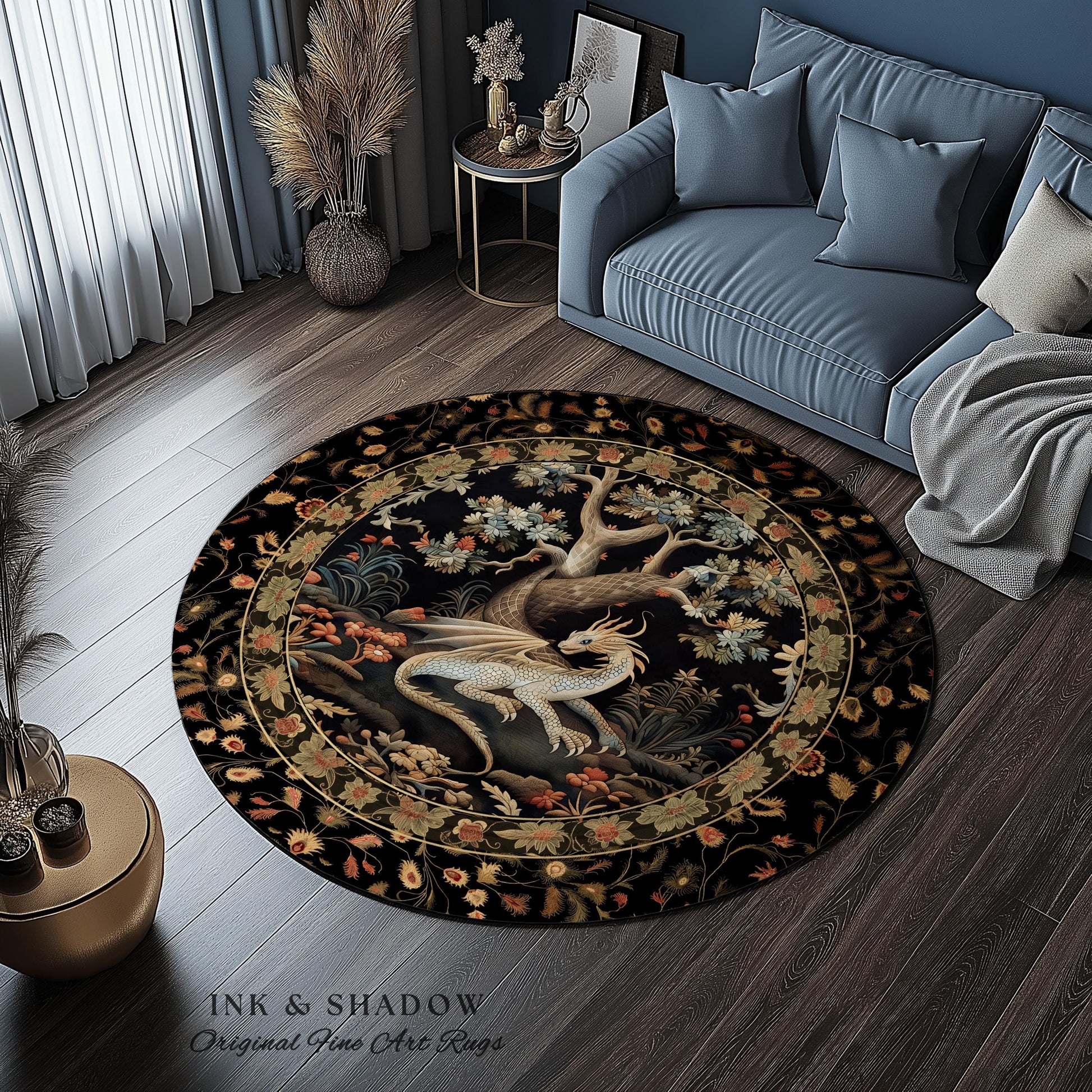 Ethereal Fairytale Inspired Mythical Creature Woodland Decor Mystic Cottagecore Fairycore Botanical Rug, Medieval Aesthetic Round Dragon Rug