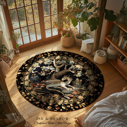 Ethereal Fairytale Inspired Mythical Creature Woodland Decor Mystic Cottagecore Fairycore Botanical Rug, Medieval Aesthetic Round Dragon Rug