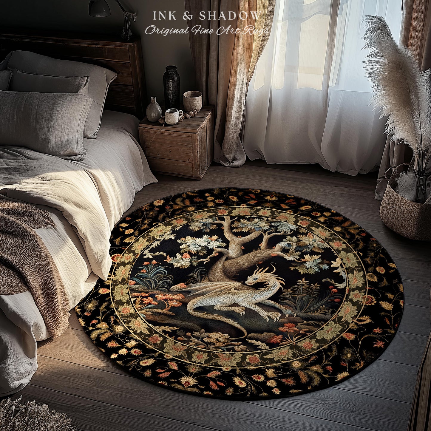 Ethereal Fairytale Inspired Mythical Creature Woodland Decor Mystic Cottagecore Fairycore Botanical Rug, Medieval Aesthetic Round Dragon Rug