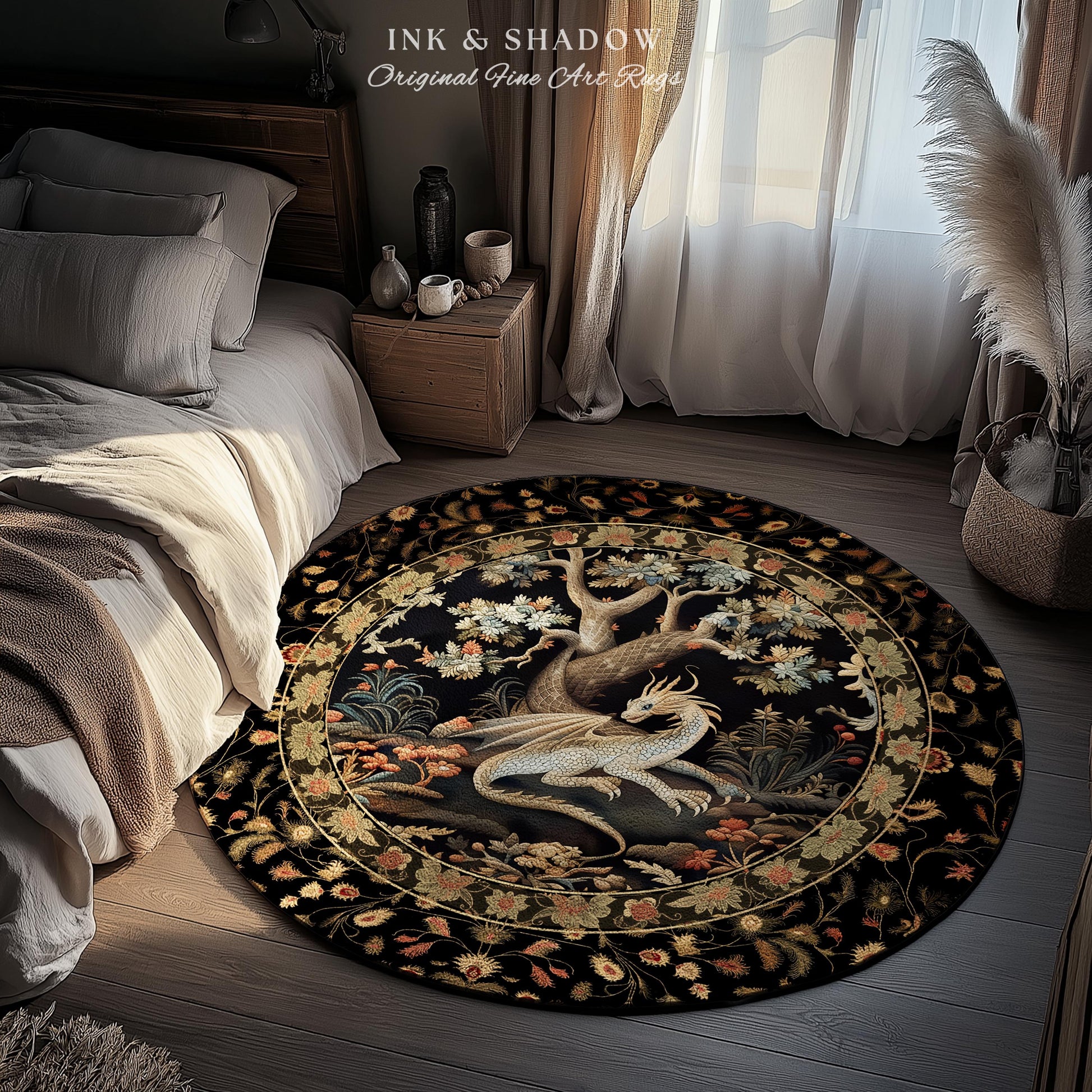 Ethereal Fairytale Inspired Mythical Creature Woodland Decor Mystic Cottagecore Fairycore Botanical Rug, Medieval Aesthetic Round Dragon Rug