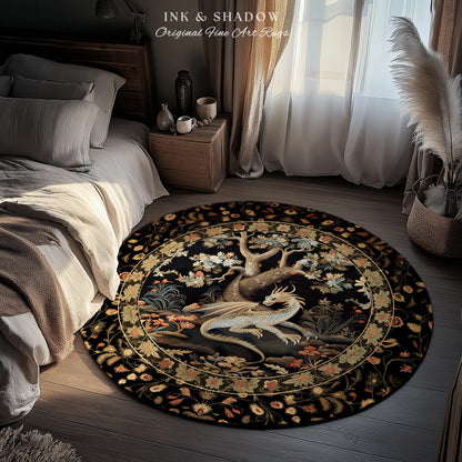 Ethereal Fairytale Inspired Mythical Creature Woodland Decor Mystic Cottagecore Fairycore Botanical Rug, Medieval Aesthetic Round Dragon Rug