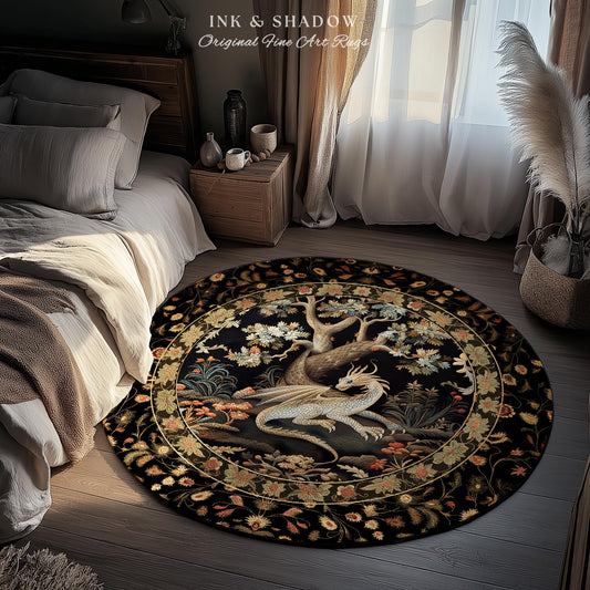 Ethereal Fairytale Inspired Mythical Creature Woodland Decor Mystic Cottagecore Fairycore Botanical Rug, Medieval Aesthetic Round Dragon Rug