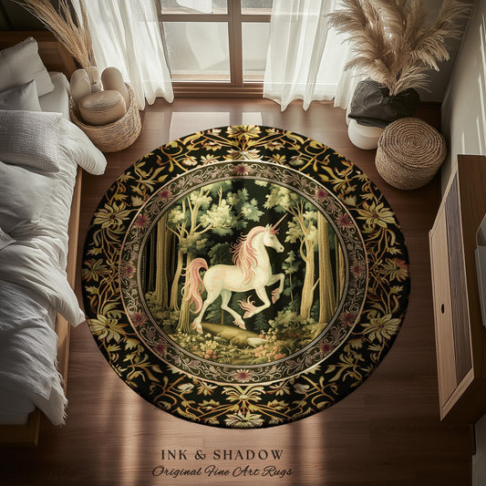 Medieval Unicorn Round Area Rug | Dark Woodland Aesthetic Enchanted Forest Decor Whimsical Cottagecore Mystic Fairytale Forestcore Accent |