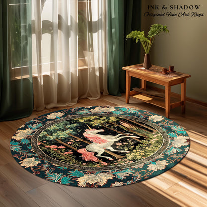 Mystical Woodland Round Unicorn Rug Whimsical Fairycore Romantic Baroque Aesthetic, Enchanted Nursery Forest Art Cute Cottagecore Round Rug