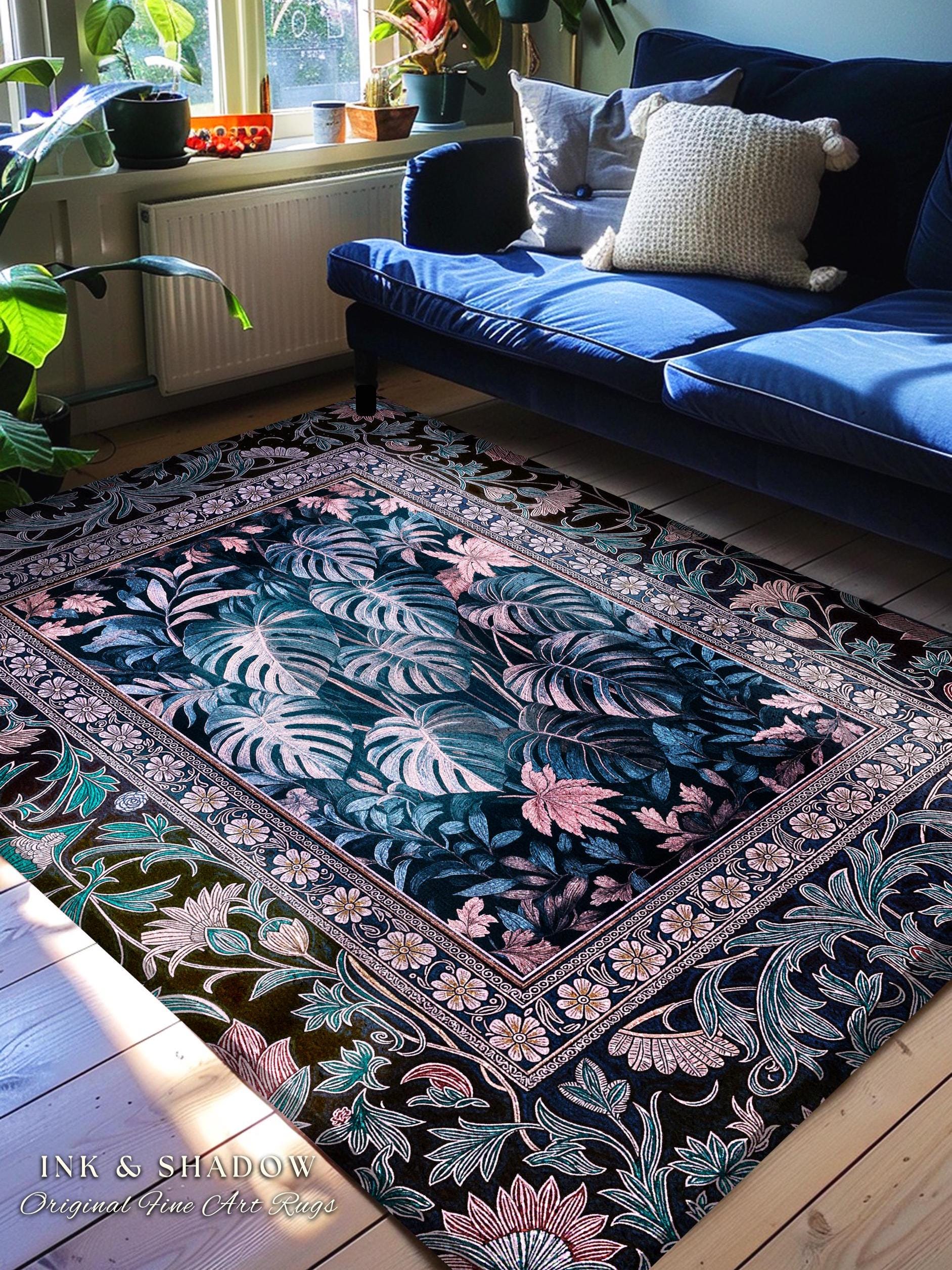 Misty Purple Tropical Jungle Rug | Houseplant Leaf Area Rug Witchy Ethereal Aesthetic Monstera Deliciosa Dark Forestcore Gothic Bedroom |