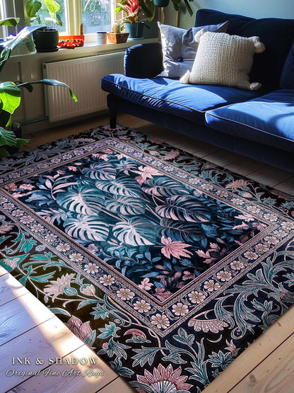 Misty Purple Tropical Jungle Rug | Houseplant Leaf Area Rug Witchy Ethereal Aesthetic Monstera Deliciosa Dark Forestcore Gothic Bedroom |