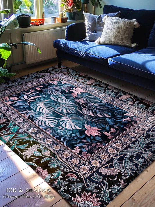 Misty Purple Tropical Jungle Rug | Houseplant Leaf Area Rug Witchy Ethereal Aesthetic Monstera Deliciosa Dark Forestcore Gothic Bedroom |
