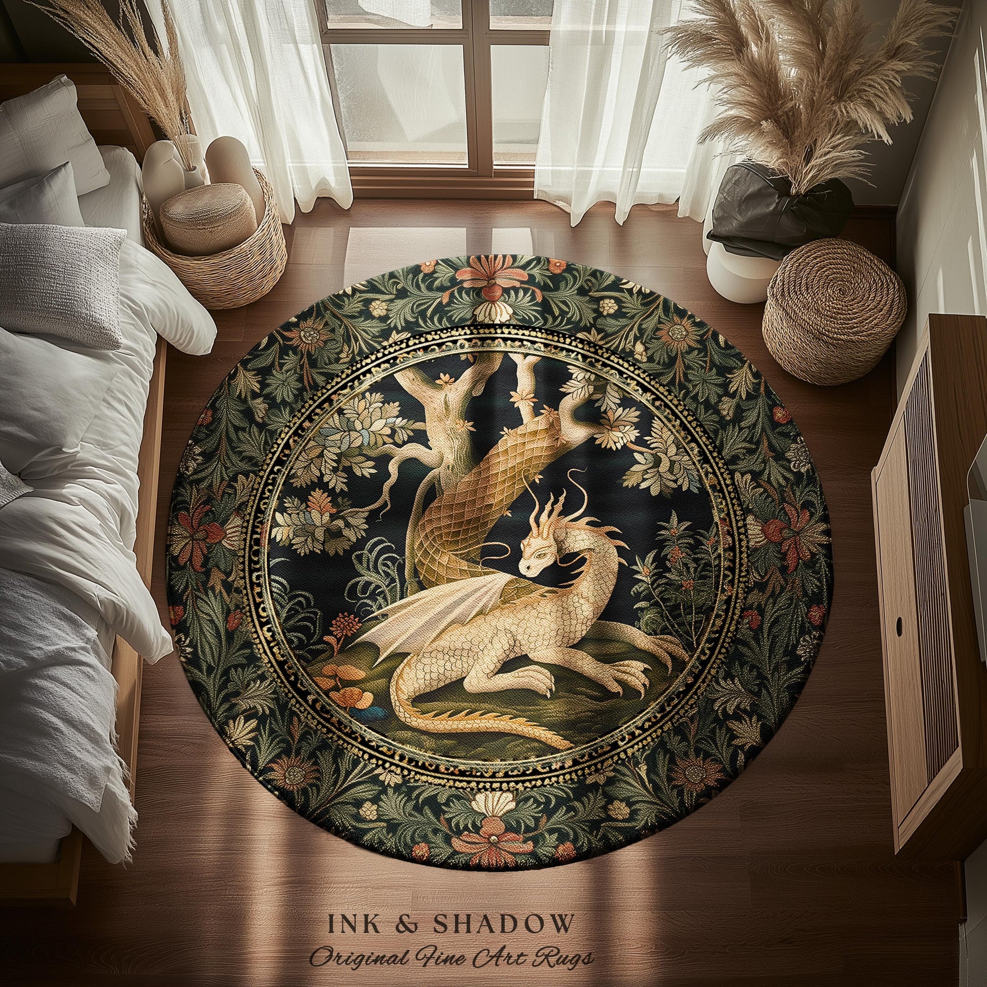 Dark Medieval Dragon Aesthetic Round Area Rug | Folklore Room Decor Fairytale Inspired DnD Gift Dark Cottagecore Fairycore Game Room Decor