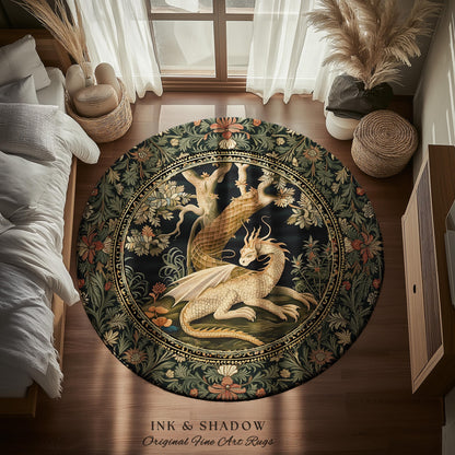Dark Medieval Dragon Aesthetic Round Area Rug | Folklore Room Decor Fairytale Inspired DnD Gift Dark Cottagecore Fairycore Game Room Decor
