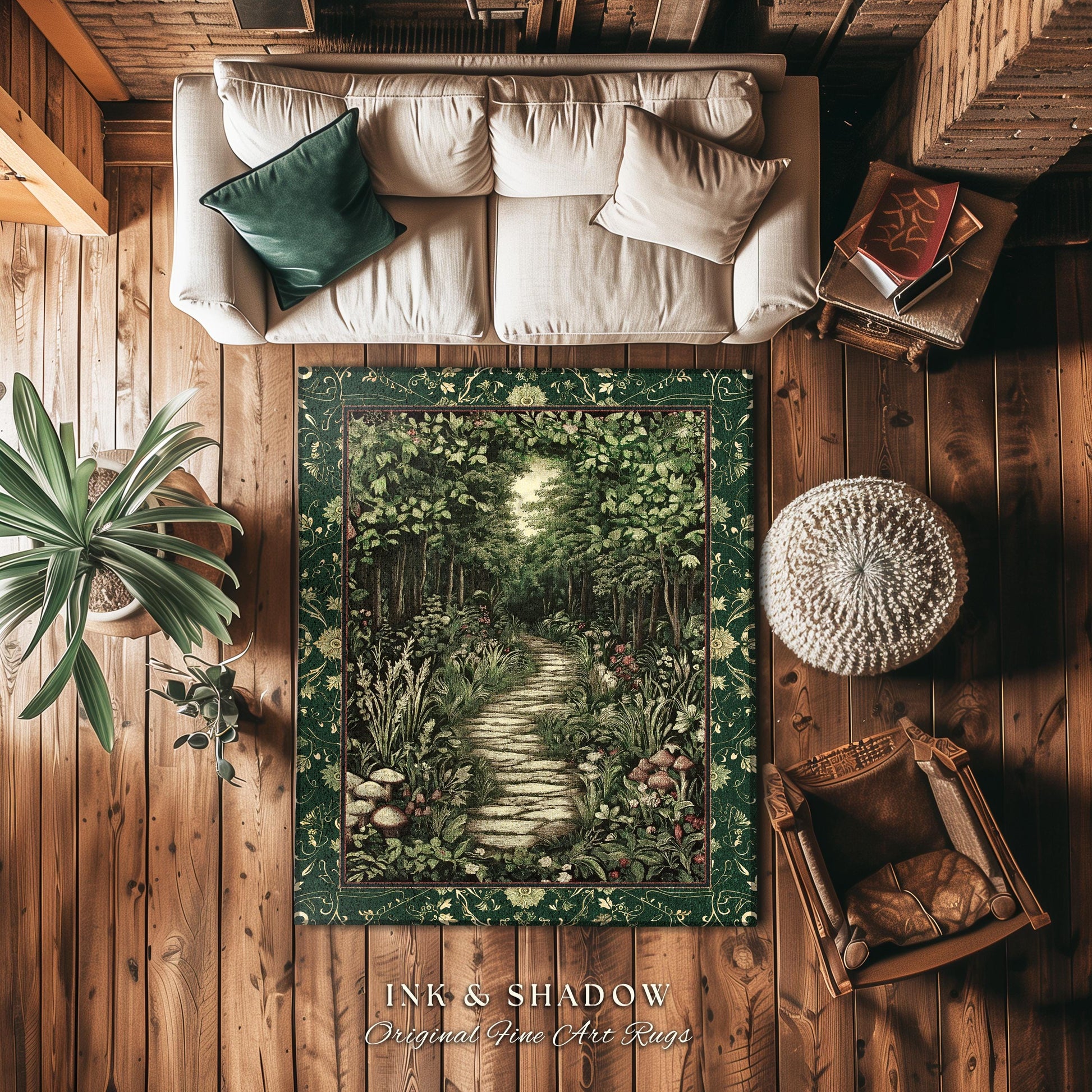 Ethereal Woodland Meadow Round Rug | Dark Academia Folklore Fairy Core Aesthetic Accent Rug Magical Bedroom Emerald Green Decor Botanical |