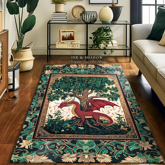 Knight Aesthetic Dragon Accent Rug | Woodland Whimsical Storybook Fairytale Area Rug Botanical Victorian Middle Ages Enchanted Home Decor |