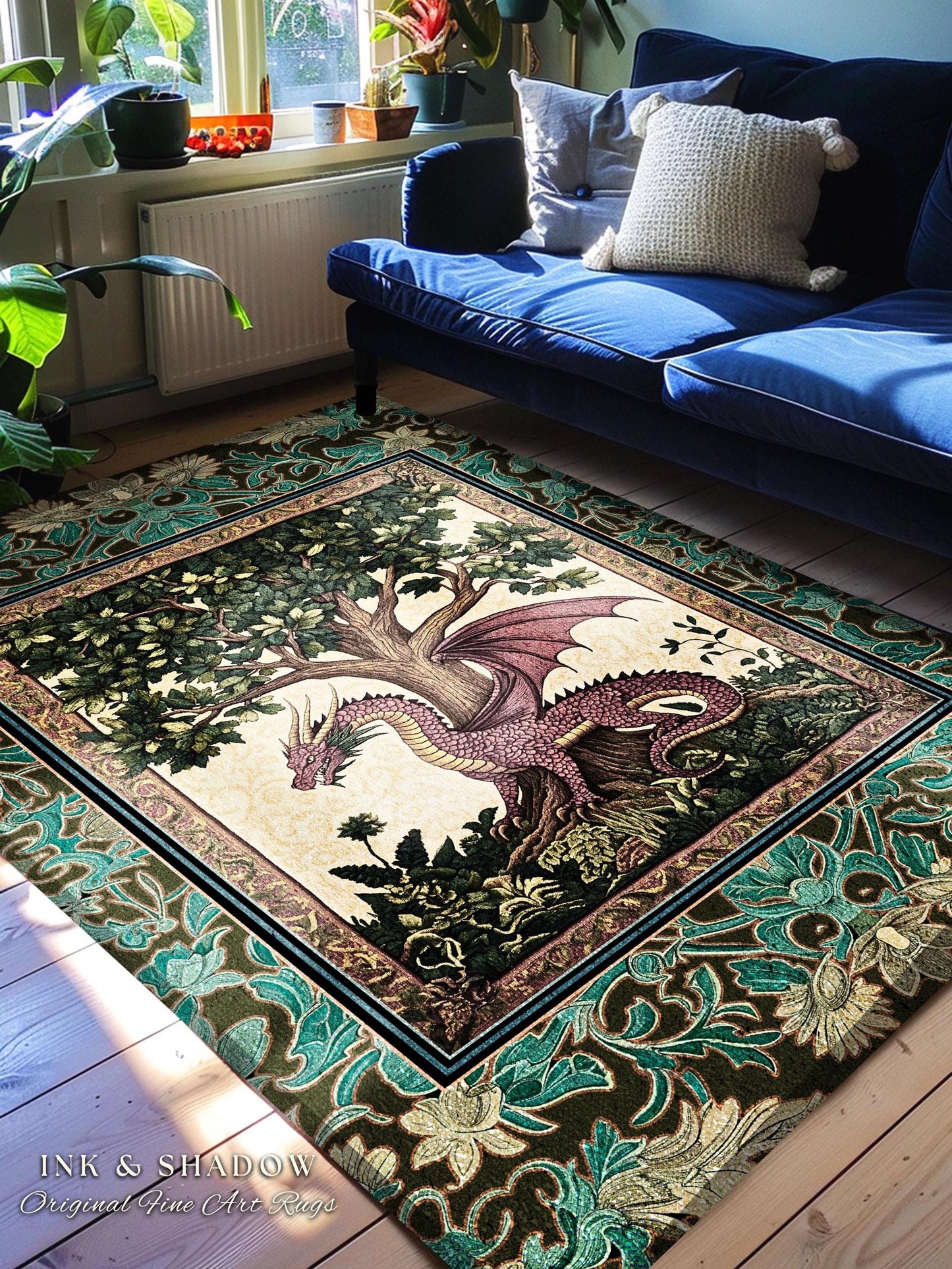 Rustic Bohemian Medieval Theme Rug | Tree of Life Bedroom Floor Accent Whimsical Medieval Dragon Rug Storybook Folklore Aesthetic Victorian