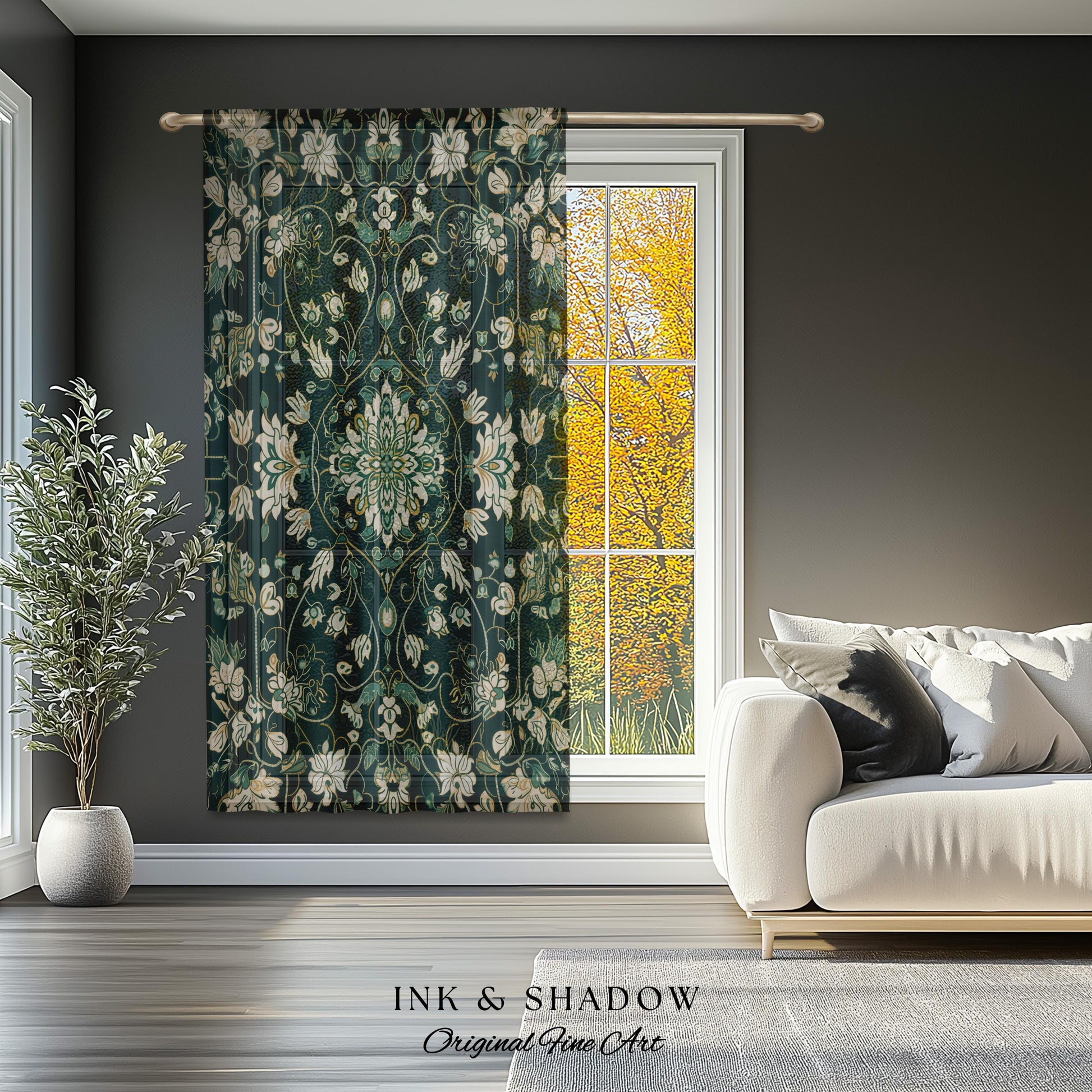 Deep Green Rococo Style Curtains | Soft Gothic Home Decor Art Deco Aesthetic Panel Renaissance Royalcore Elegance Bedroom Drapes Bohemian |