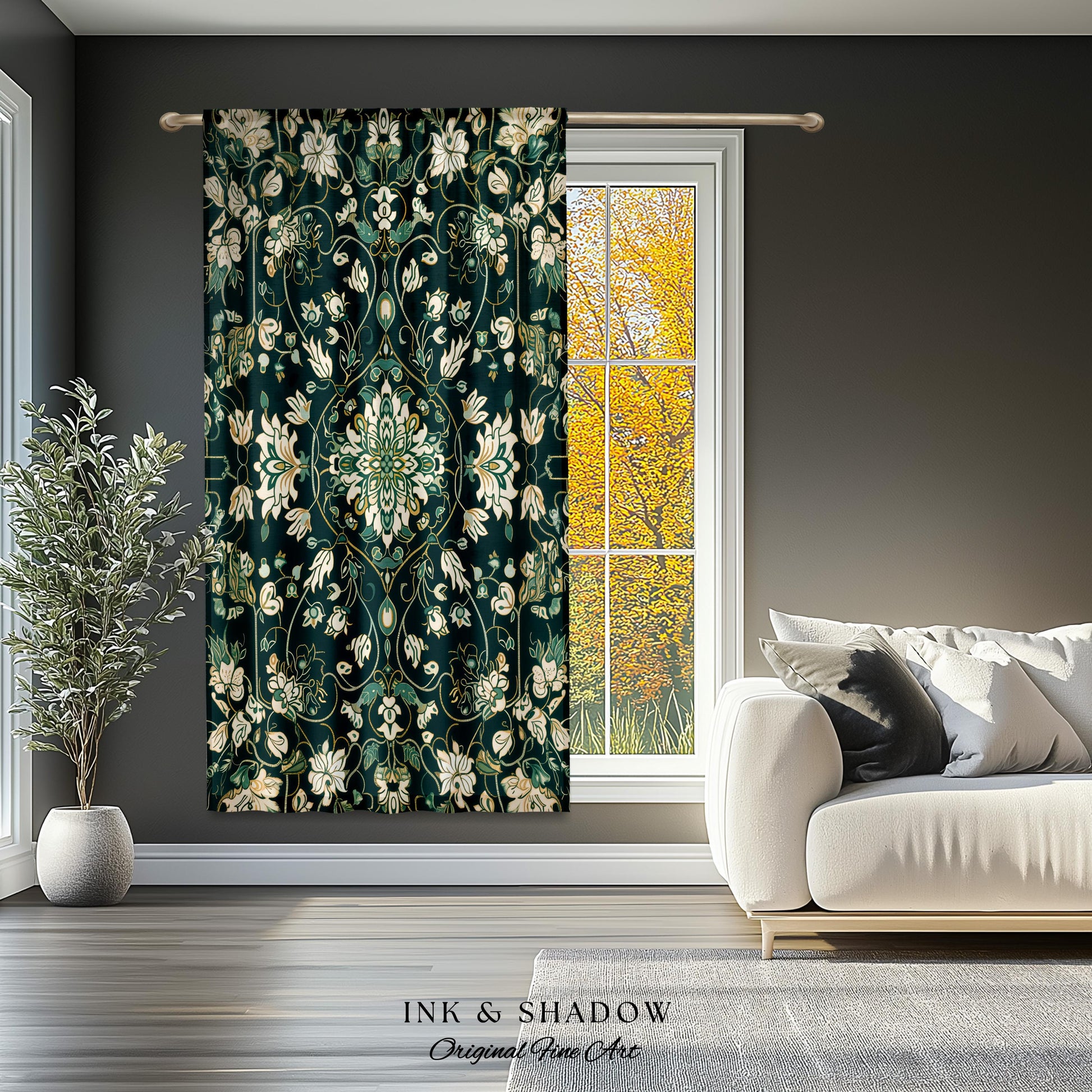 Deep Green Rococo Style Curtains | Soft Gothic Home Decor Art Deco Aesthetic Panel Renaissance Royalcore Elegance Bedroom Drapes Bohemian |