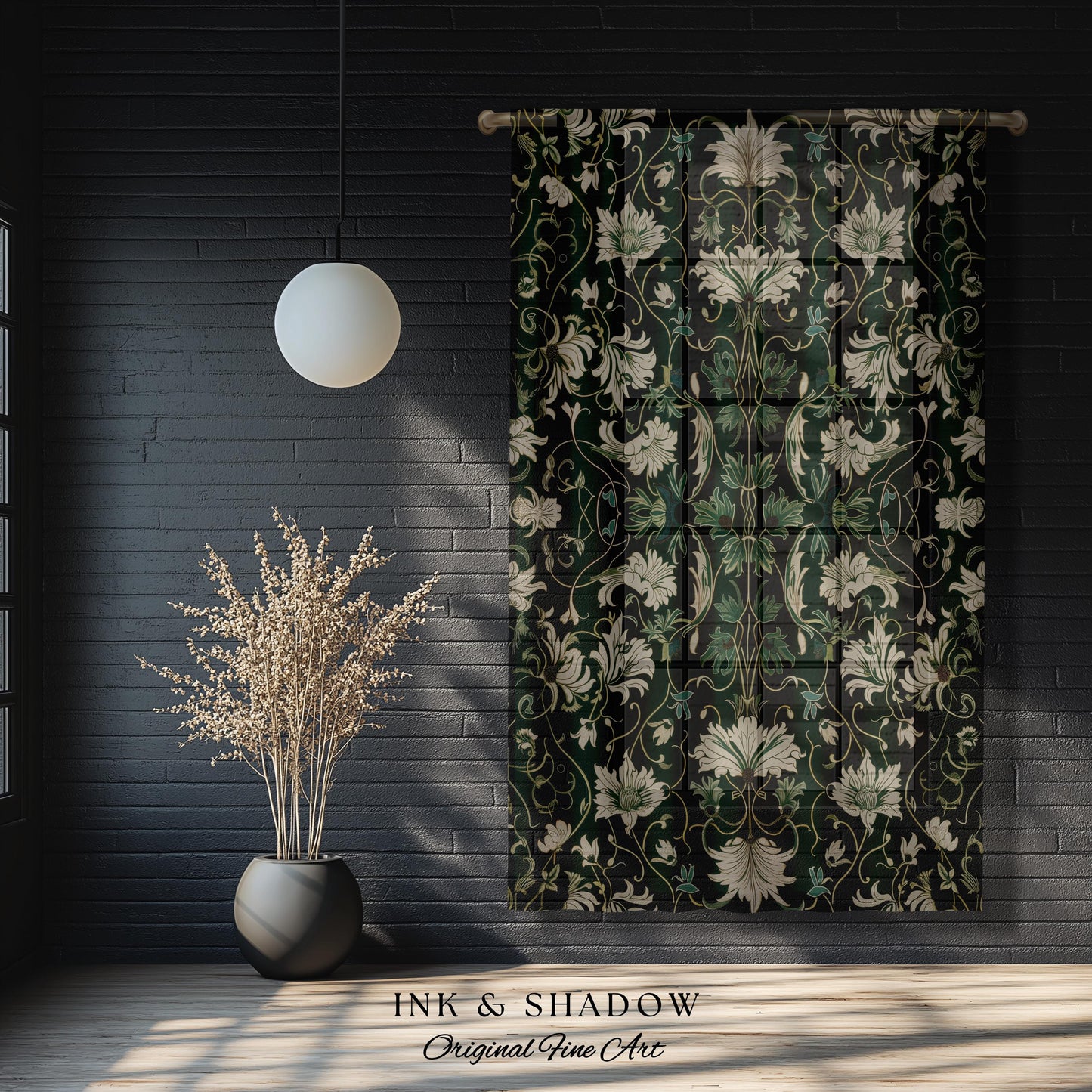 Art Nouveau Emerald Window Drapes | Dark Moss Toned Bedroom Panel Medieval Revival Rococo Renaissance Ethereal Room Accent Whimsical Theme |