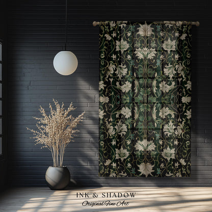 Art Nouveau Emerald Window Drapes | Dark Moss Toned Bedroom Panel Medieval Revival Rococo Renaissance Ethereal Room Accent Whimsical Theme |