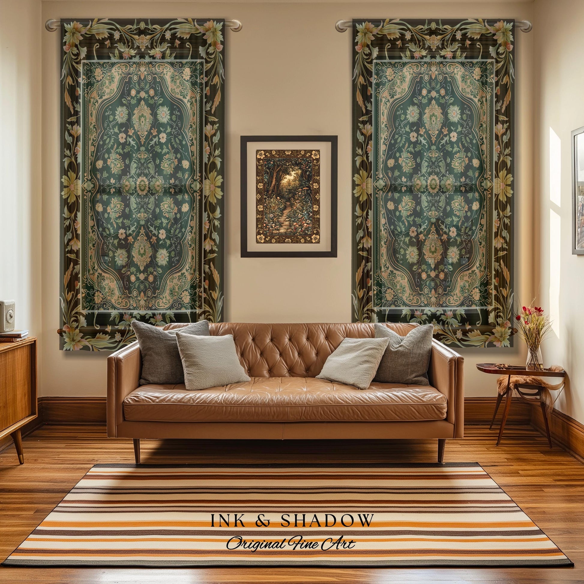 Ornate Emerald Green Curtains | Bohemian Style Cottagecore Drapes Hippie Aesthetic Forest Green Detail Vibrant Color Bedroom Decor Retro |