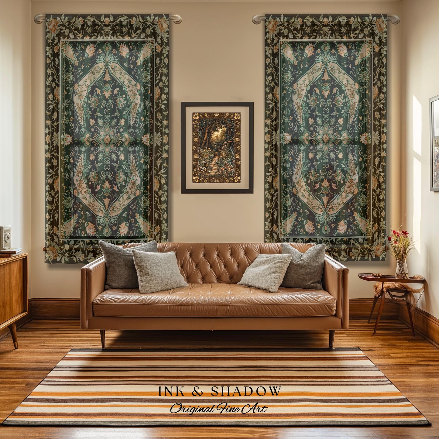 Elegant Sea Green Curtains | Classic Ornate Statement Drapes with Emerald Green Detail Peachy Accent Bohemian Aesthetic for Cozy Bedroom |