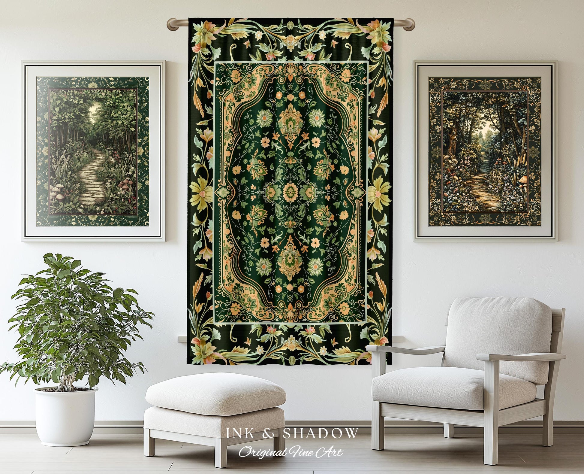 Ornate Emerald Green Curtains | Bohemian Style Cottagecore Drapes Hippie Aesthetic Forest Green Detail Vibrant Color Bedroom Decor Retro |
