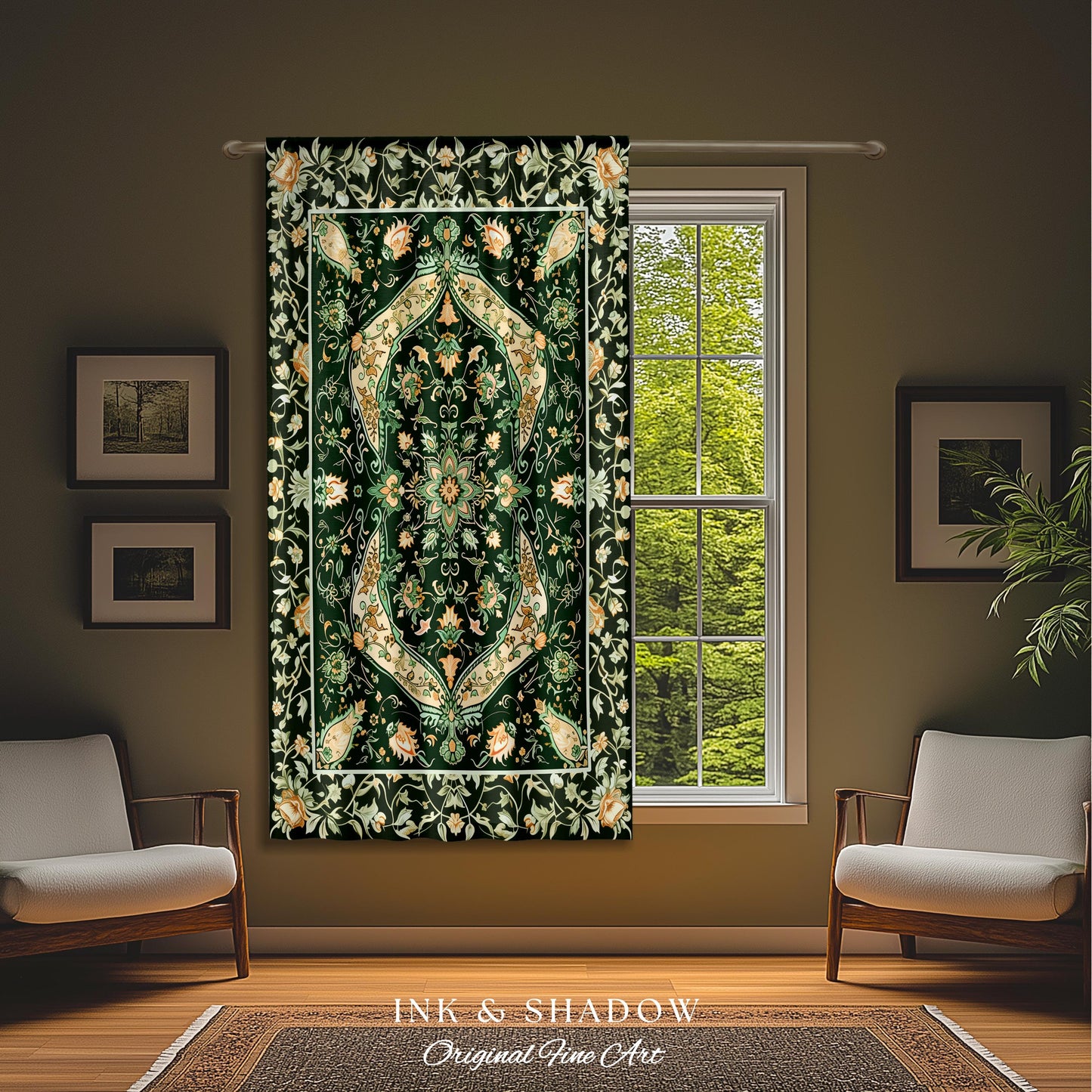 Elegant Sea Green Curtains | Classic Ornate Statement Drapes with Emerald Green Detail Peachy Accent Bohemian Aesthetic for Cozy Bedroom |