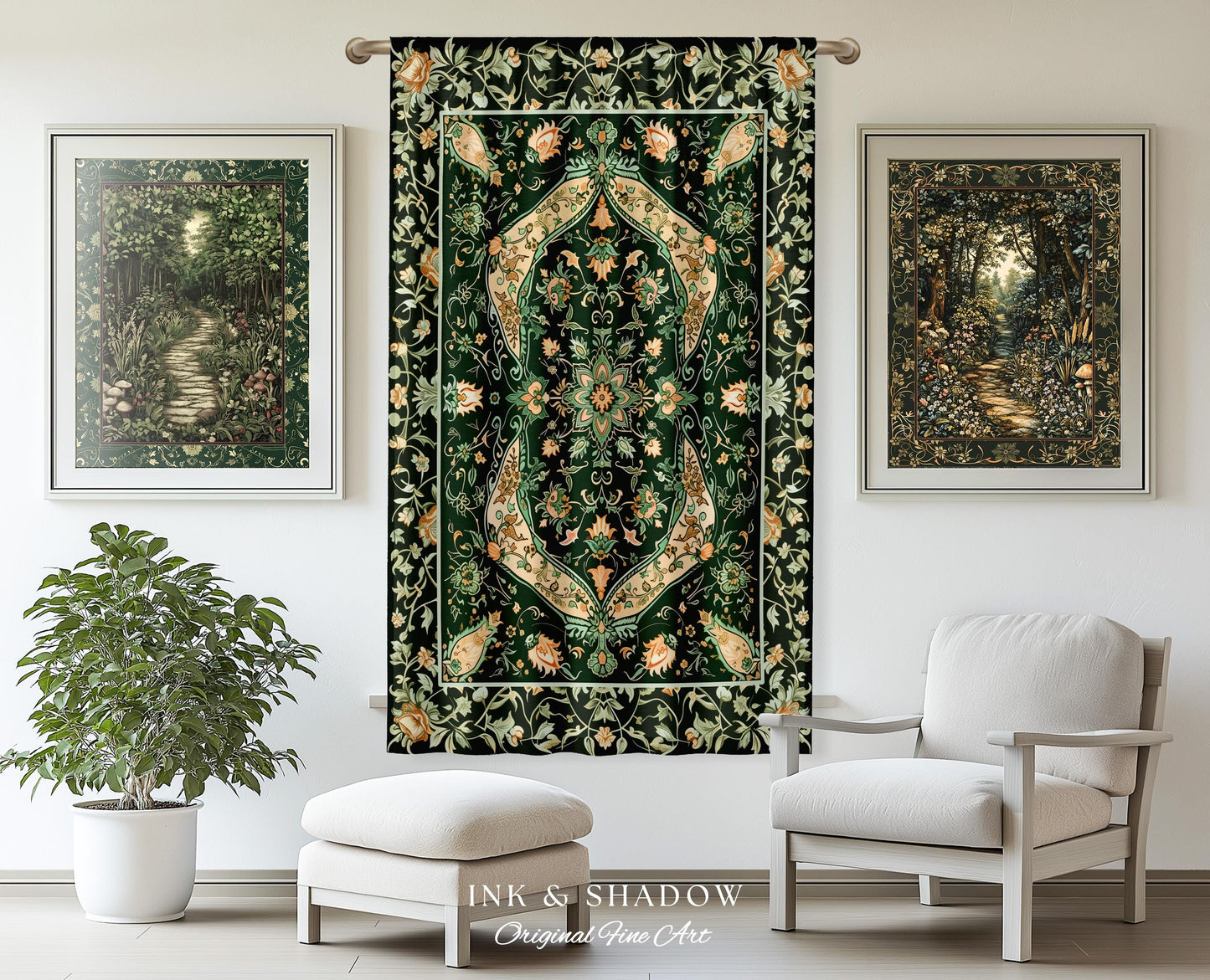 Elegant Sea Green Curtains | Classic Ornate Statement Drapes with Emerald Green Detail Peachy Accent Bohemian Aesthetic for Cozy Bedroom |