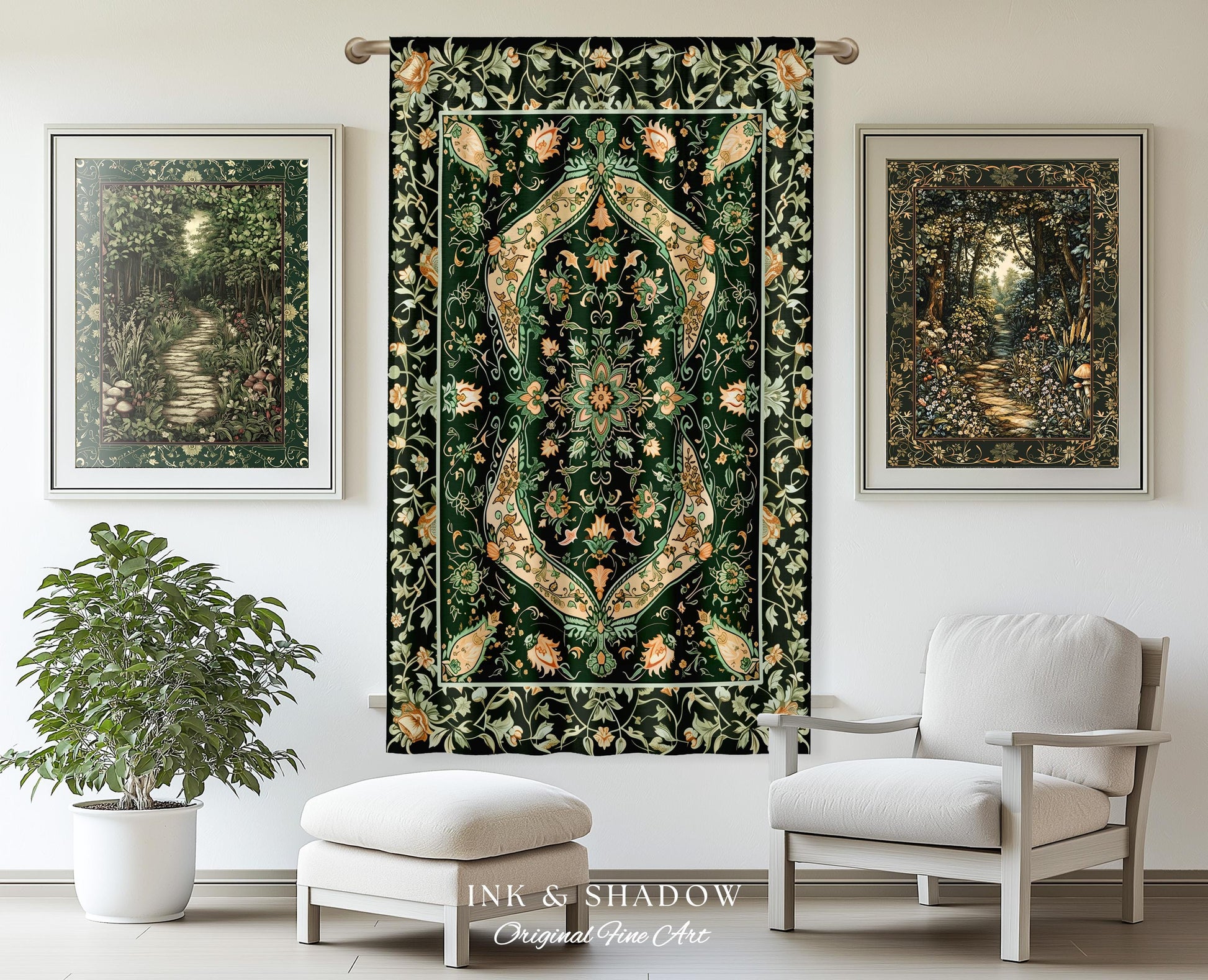 Elegant Sea Green Curtains | Classic Ornate Statement Drapes with Emerald Green Detail Peachy Accent Bohemian Aesthetic for Cozy Bedroom |