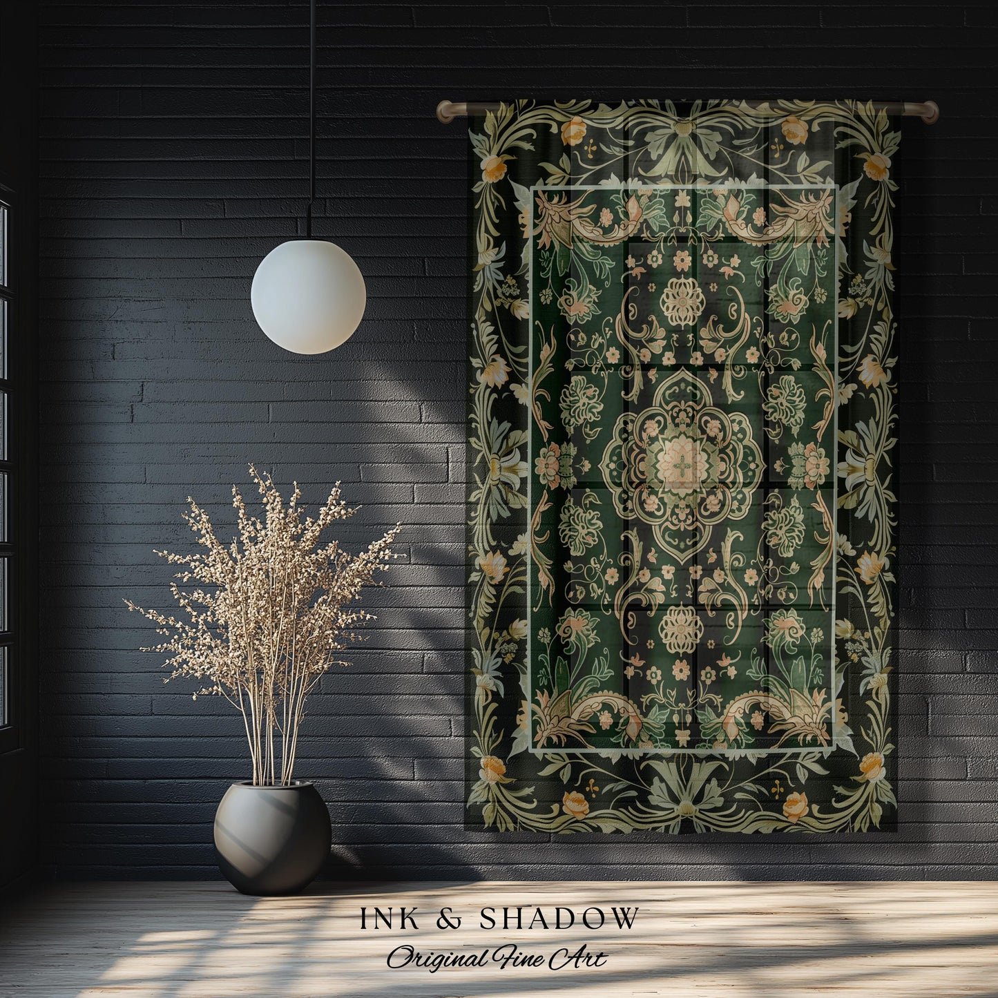 Emerald Window Curtains for Living Room | Classic Ornate Drapes with Green Detail Peachy Accent Bohemian Aesthetic for Cozy Reading Nook |