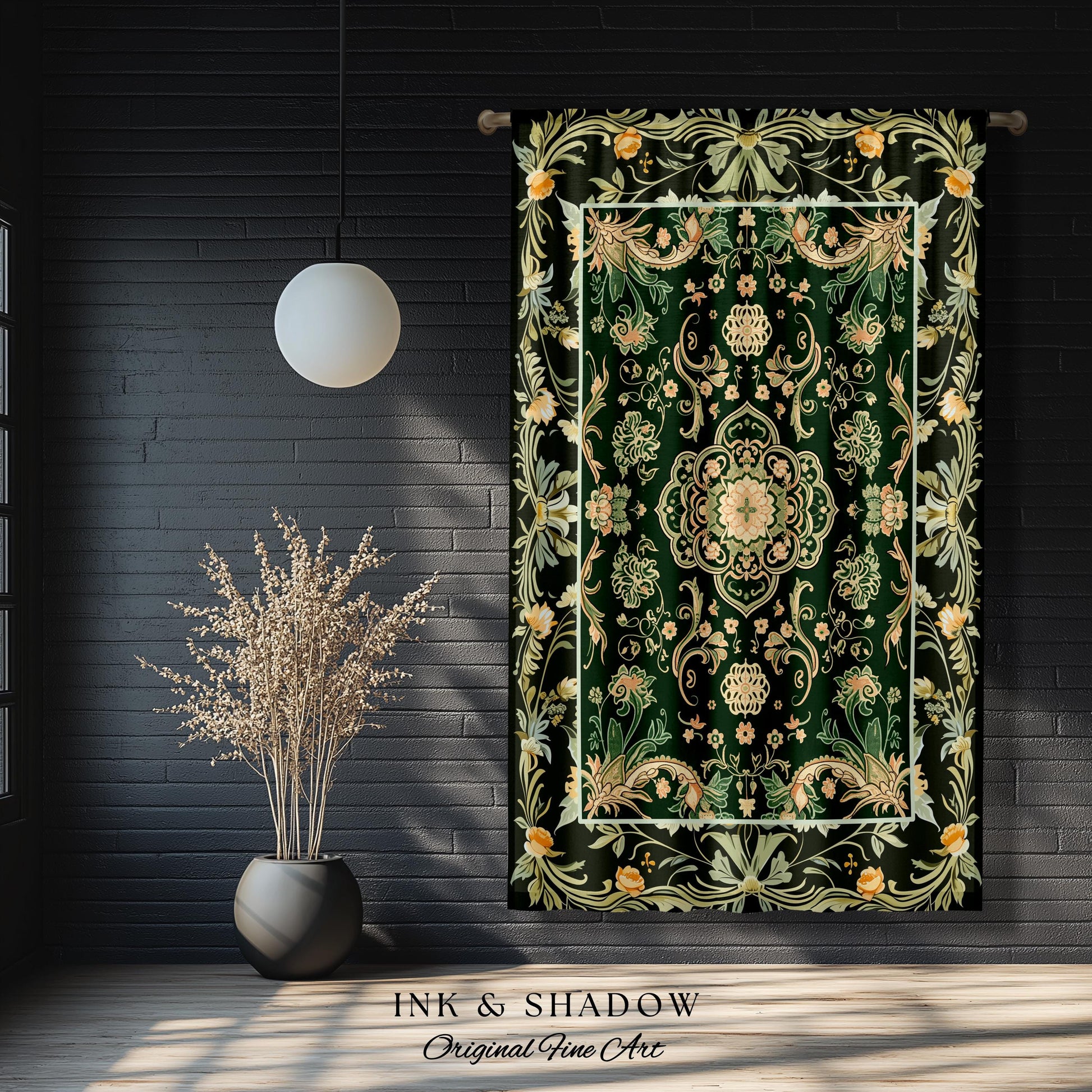 Emerald Window Curtains for Living Room | Classic Ornate Drapes with Green Detail Peachy Accent Bohemian Aesthetic for Cozy Reading Nook |