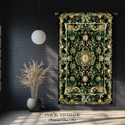 Emerald Window Curtains for Living Room | Classic Ornate Drapes with Green Detail Peachy Accent Bohemian Aesthetic for Cozy Reading Nook |