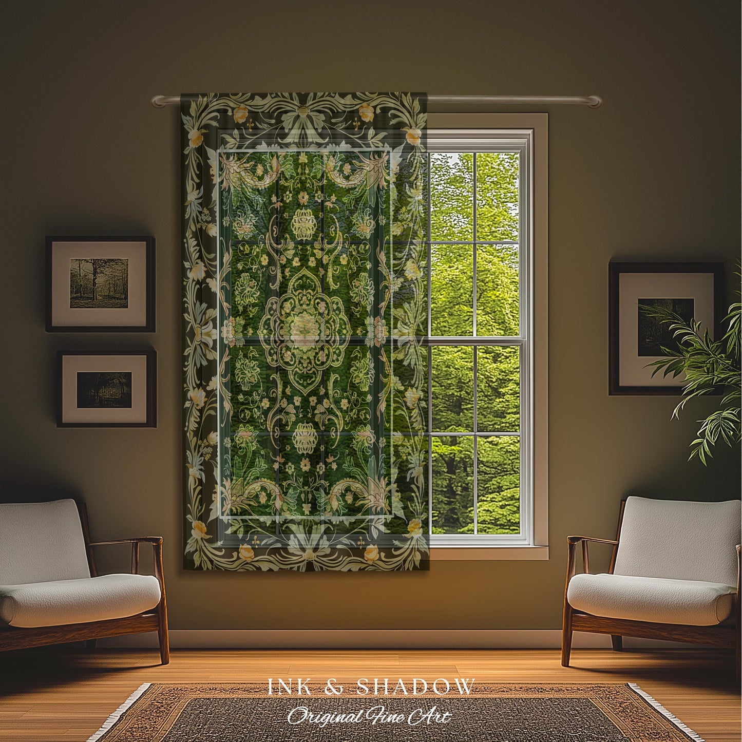 Emerald Window Curtains for Living Room | Classic Ornate Drapes with Green Detail Peachy Accent Bohemian Aesthetic for Cozy Reading Nook |