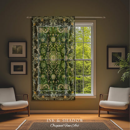 Emerald Window Curtains for Living Room | Classic Ornate Drapes with Green Detail Peachy Accent Bohemian Aesthetic for Cozy Reading Nook |