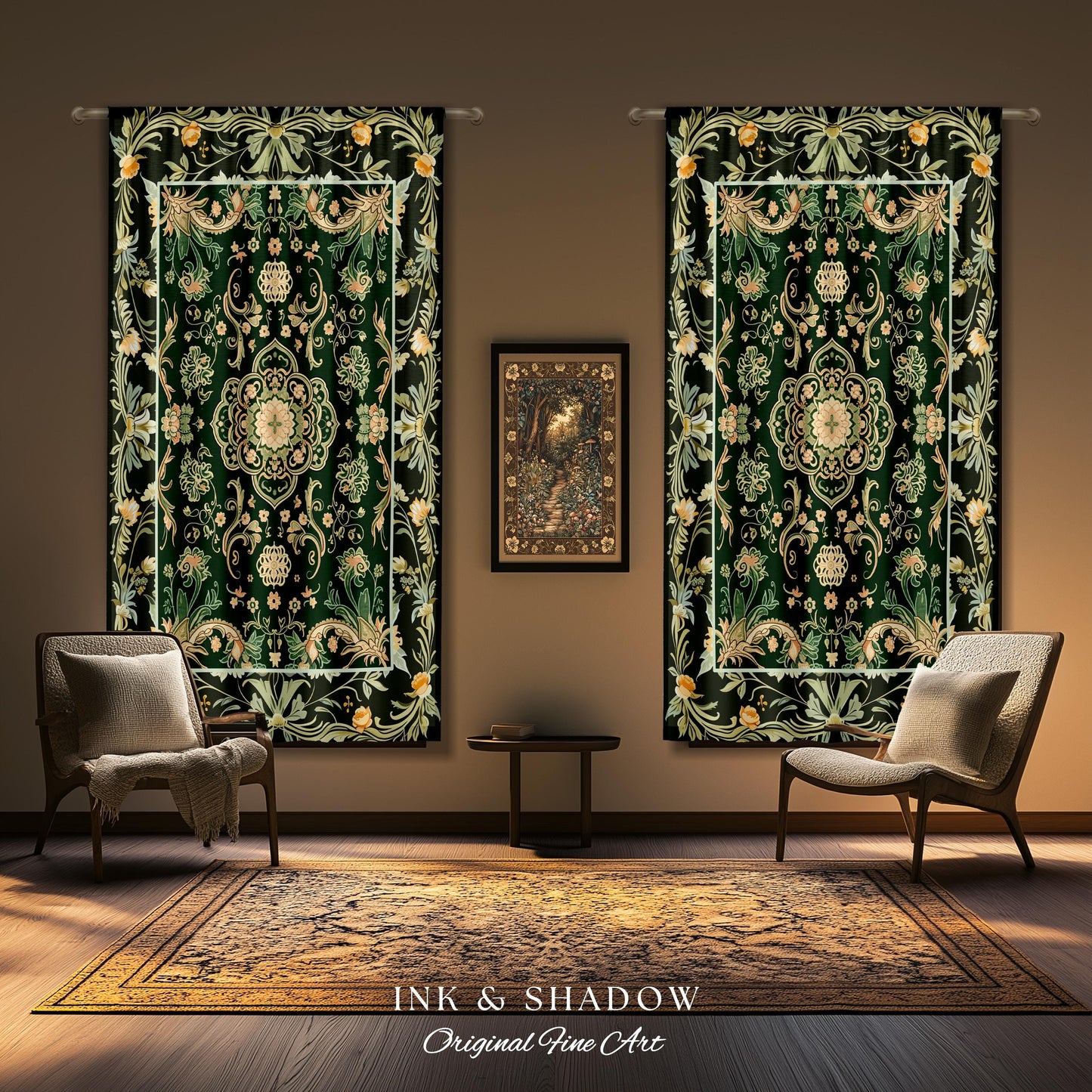 Emerald Window Curtains for Living Room | Classic Ornate Drapes with Green Detail Peachy Accent Bohemian Aesthetic for Cozy Reading Nook |