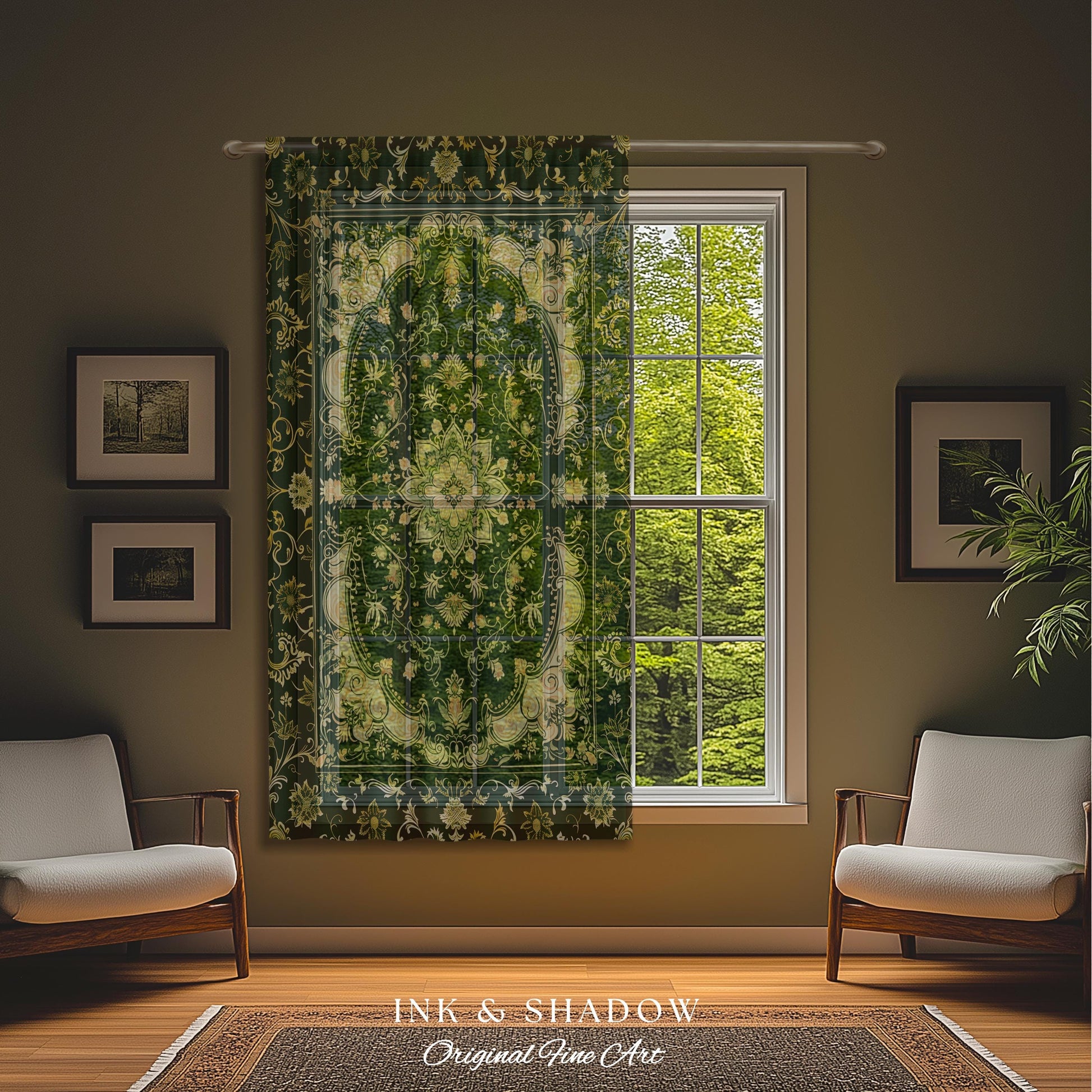 Gothic Baroque Emerald Curtain Panels | Enchanted Cottagecore Aesthetic Romantic Interior Style Soft Gothic Decor Baroque-Inspired Drapes |