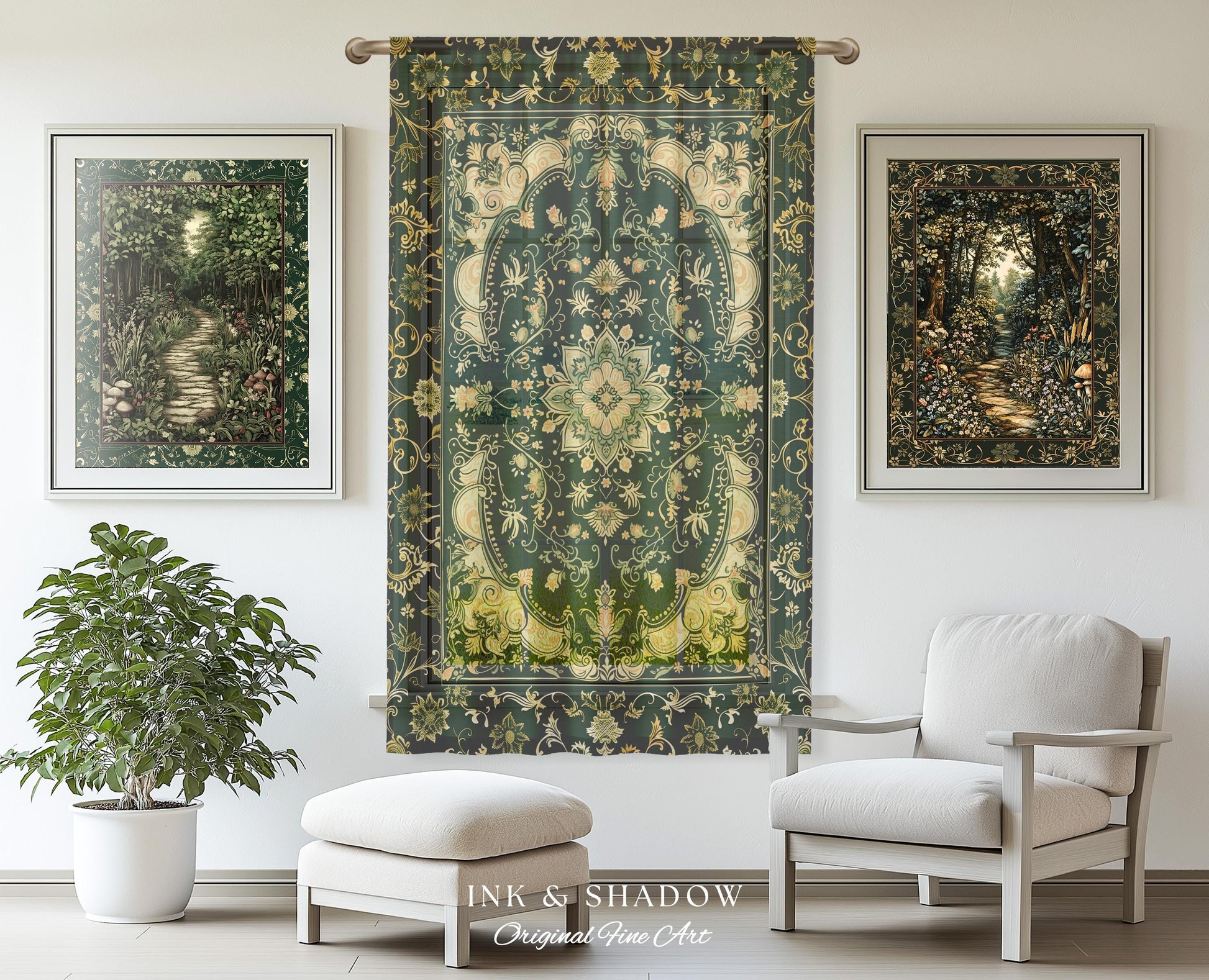 Gothic Baroque Emerald Curtain Panels | Enchanted Cottagecore Aesthetic Romantic Interior Style Soft Gothic Decor Baroque-Inspired Drapes |