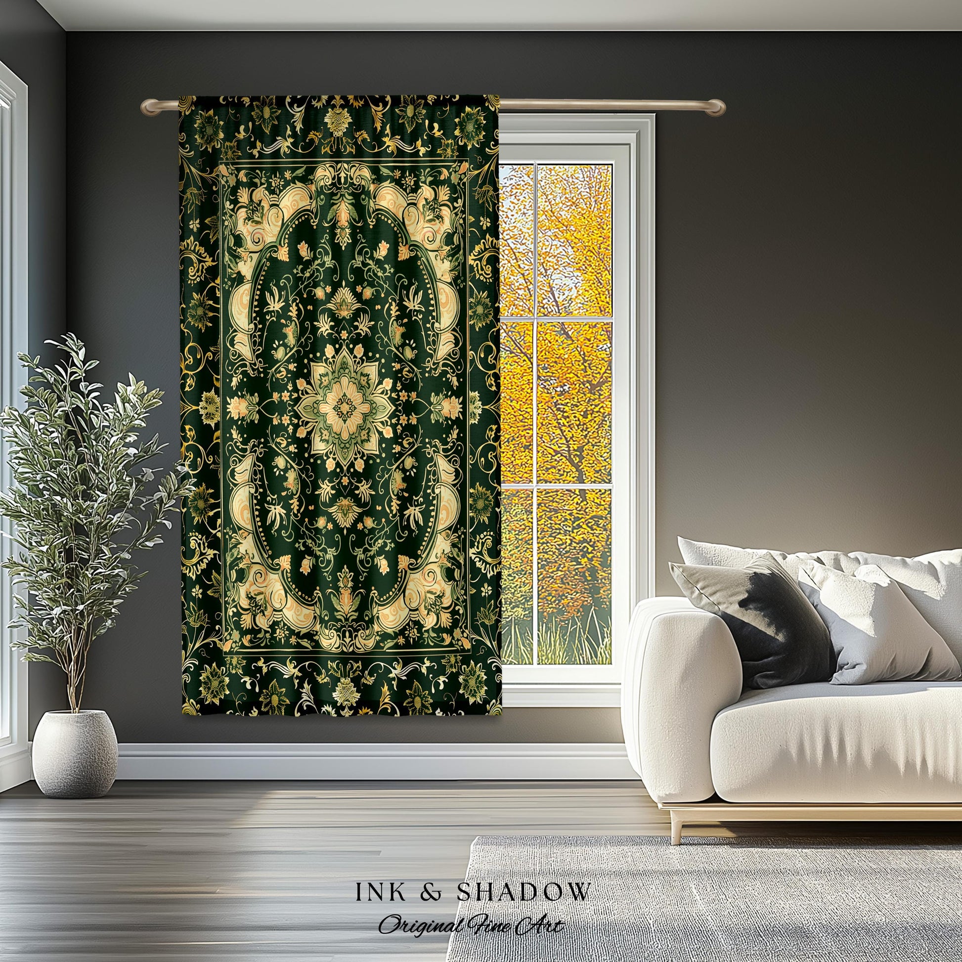 Gothic Baroque Emerald Curtain Panels | Enchanted Cottagecore Aesthetic Romantic Interior Style Soft Gothic Decor Baroque-Inspired Drapes |