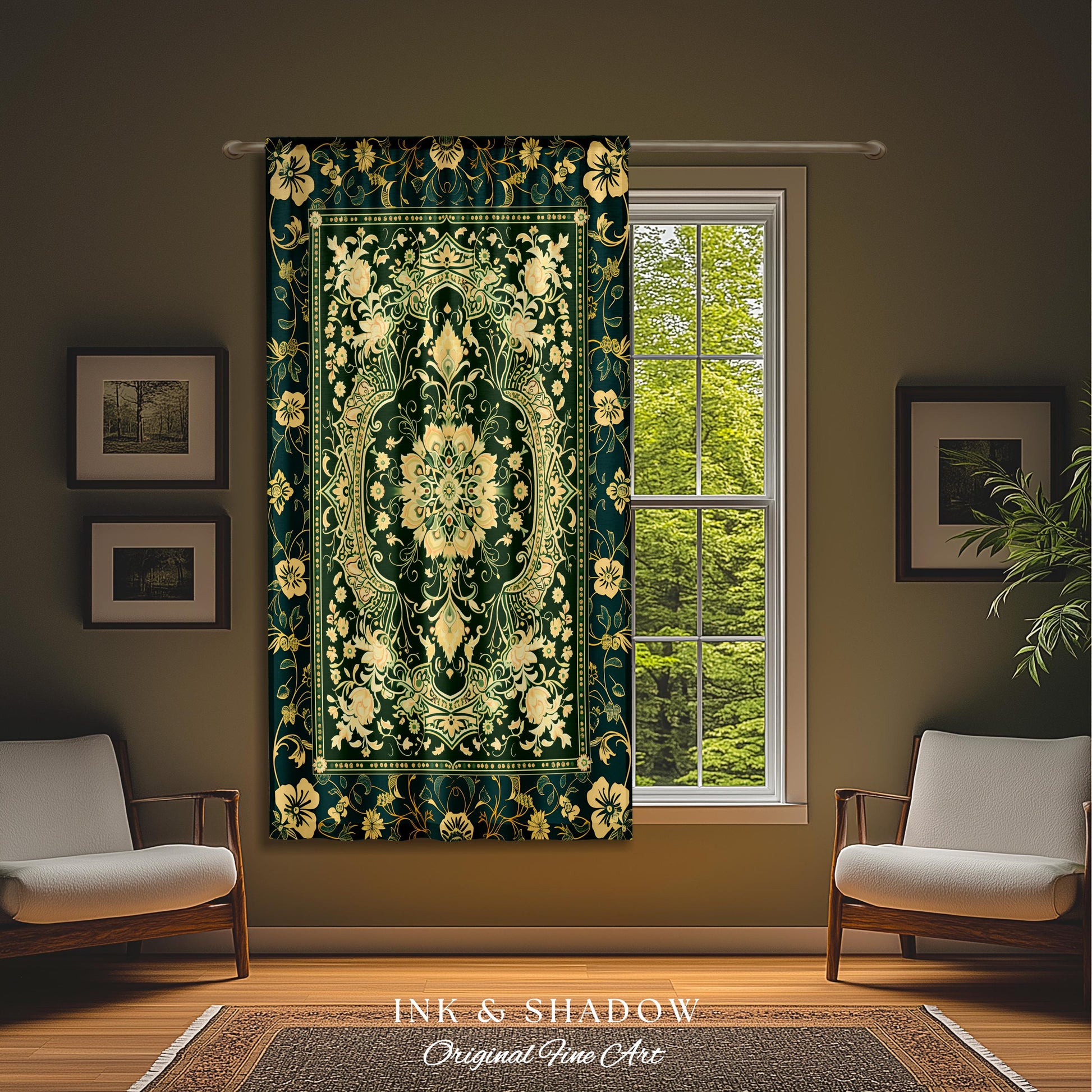 Rococo Revival Emerald Green Curtains | Rustic Maximalist Dark Academia Vintage Window Drapes Victorian Gothic Aesthetic Unique Decorative