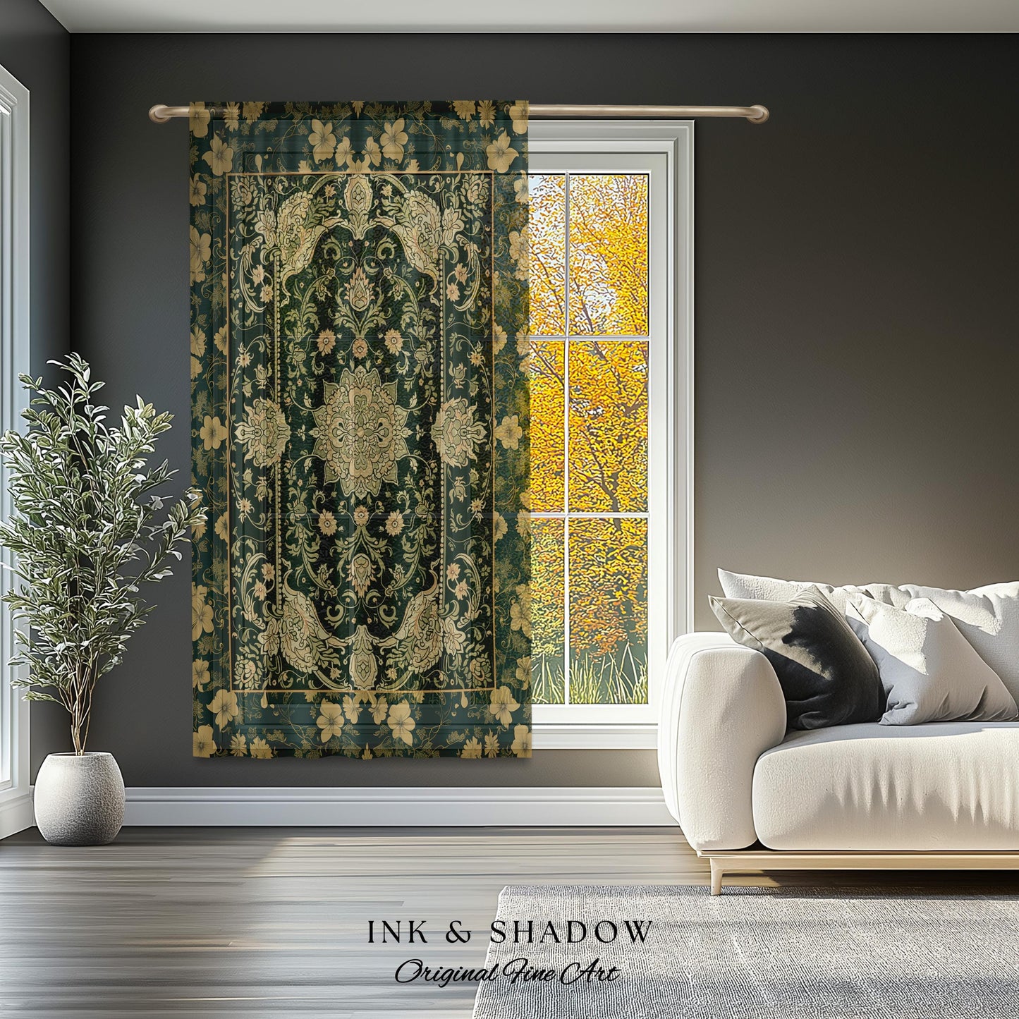 Antique-Inspired Bedroom Drapes | Gold and Emerald Accent Curtains Historical Aesthetic Enchanted Home Housewarming Gift Victorian Ornate |